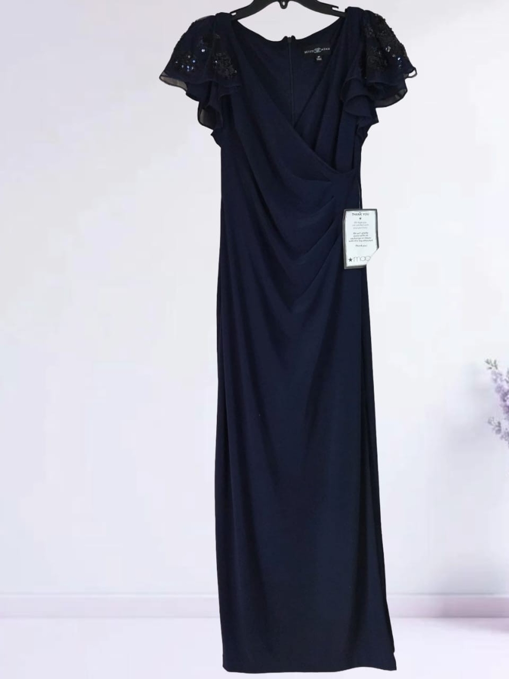Betsy & Adam Navy Maxi Dress with Sequin Flutter‎ Sleeves